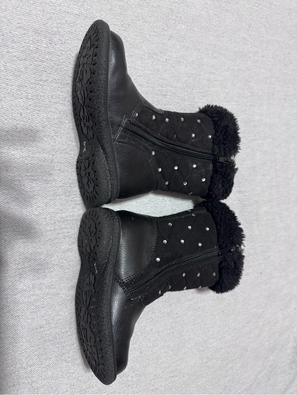 Rachel Shoes Black Quilted Winter Boots with Faux-Fur Collar